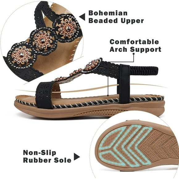 Size 11.5 SHIBEVER Sandals for Women Bohemian Flat Rhinestone Comfortable Beaded - Picture 4 of 6